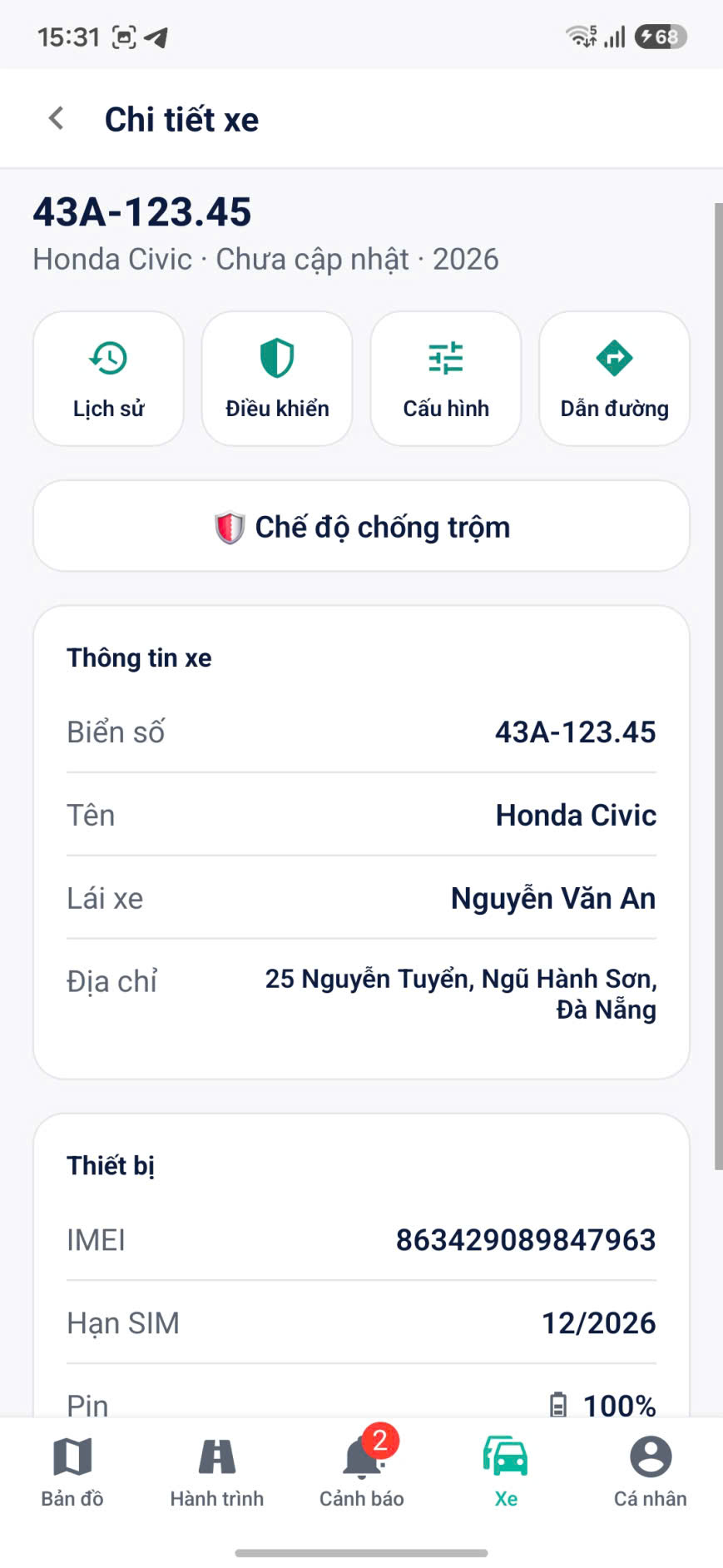 Ứng dụng PINA Tracking — Chi tiết từng xe